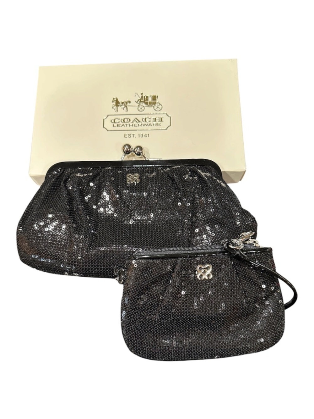 Coach Black Sequin Kisslock Clutch Evening Bag &Wristlet Purse with Original Box